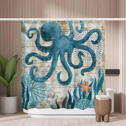 Woutay Shower Curtain Mould Proof Resistant Retro Octopus,Water Repellant Fabric,Polyester,with 12 Plastic Hooks