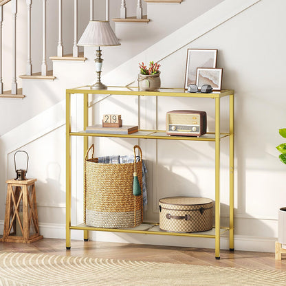 HOOBRO 3-Tier Gold Console Table, Tempered Glass Sofa Table, Narrow Side Table, Modern Hallway Table, for Living Room, Foyer, Hallway, Bedroom