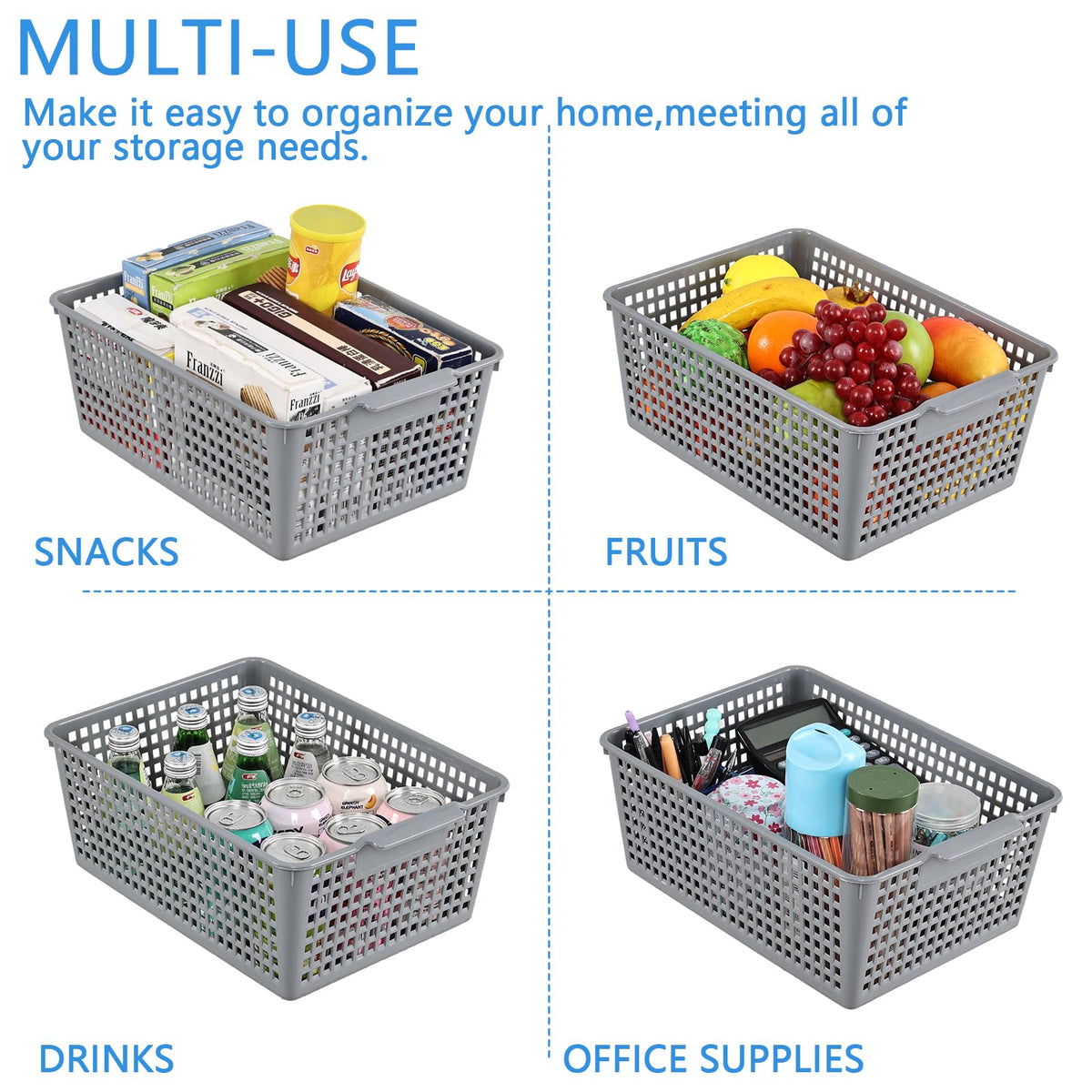 Minekkyes Set of 6 Plastic Cupboard Basket, Large Rectangle Storage Baskets for Home Office Bathroom Shelves(Gray)
