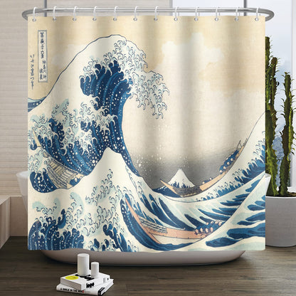 SDOTPMT 72x78inch Japanese Ocean Waves Shower Curtain Abstract Sea Wave Wooden Boat Bath Curtain Ukiyo-e Theme Fuji Mountain Bathtub Curtain for