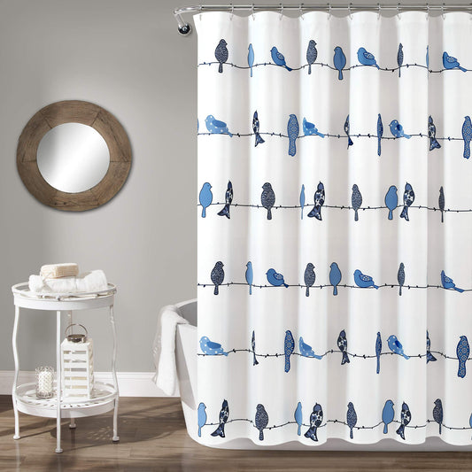 Lush Decor Rowley Birds Shower Curtain, 72? W x 72? L, Navy - Colorful Floral Bird Pattern - Whimsical & Playful Bird Shower Curtain - Farmhouse,
