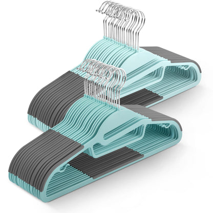 KEPLIN 50-Pack Non-Slip Hangers – Durable, Slimline Design for Space Saving with 360° Swivel, Tie Organiser, Strap Hooks, and S-Shape Opening - Teal