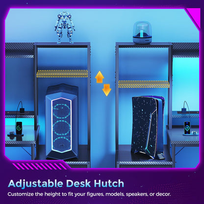 Coleshome Gaming Desk with LED Lights & Display Shelves Carbon Fiber Black