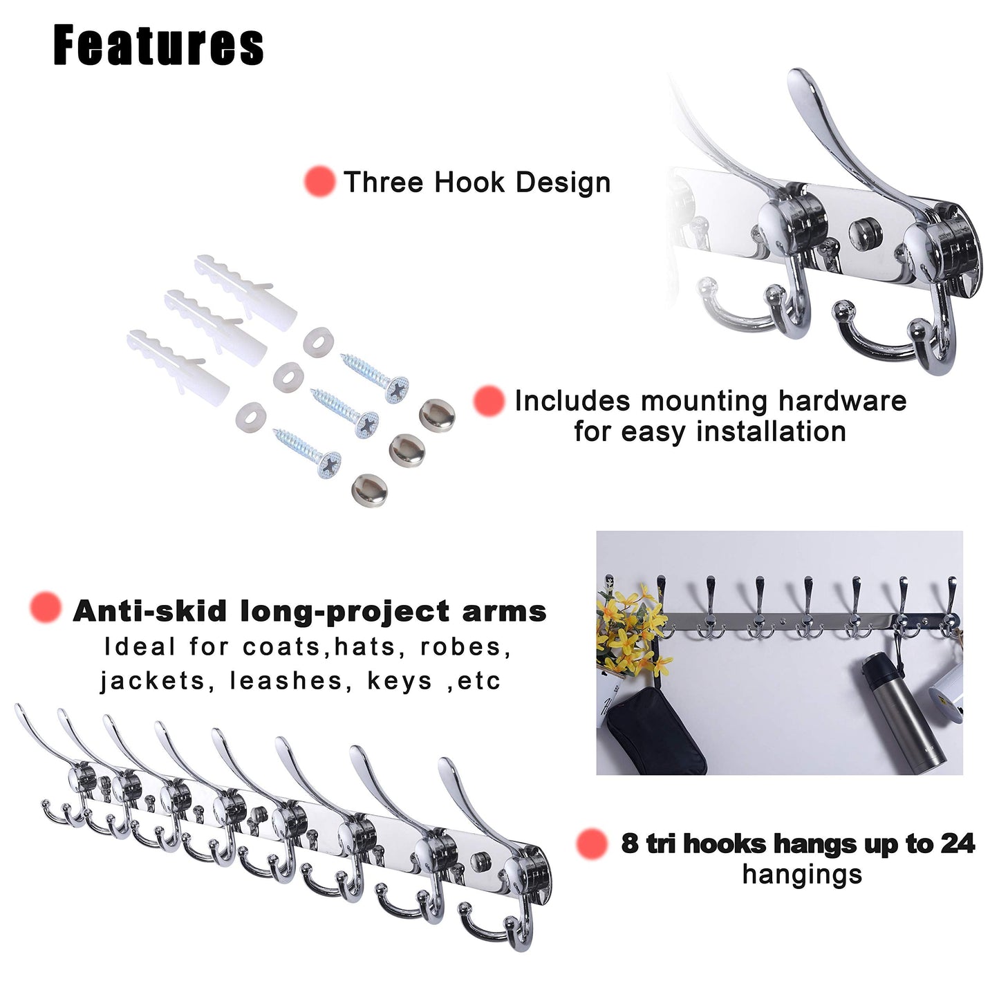 Dseap Coat Rack Wall Mount - 74cm Long 8-Tri-Hooks, Heavy Duty, Stainless Steel, Metal Coat Hanger Rail Wall Hooks for Coats Hats Clothing Clothes