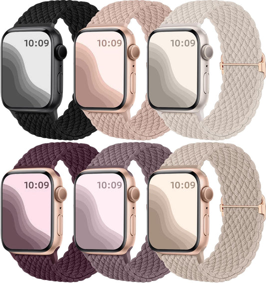 Maledan 6 Pack Braided Solo Loop Compatible with Apple Watch Straps 40mm 38mm 41mm 42mm for Women Men, Adjustable Nylon Stretchy Elastic Sport Band