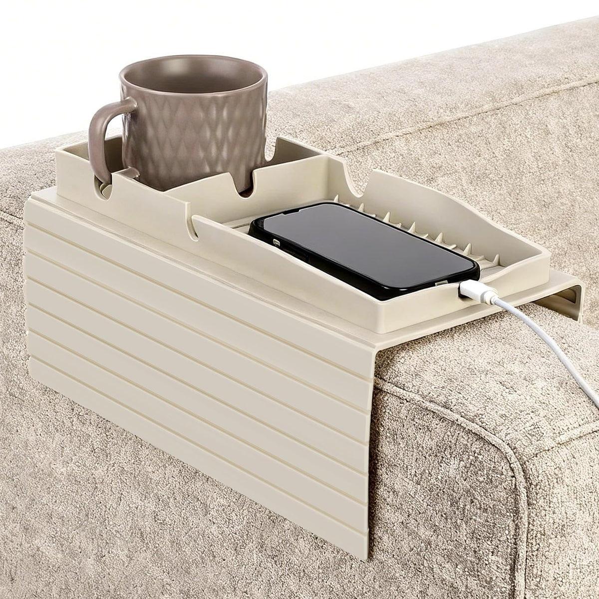 Calolin Sofa Cup Holder Tray, Silicone Couch Caddy, Armchair Caddy with Phone Tablet Stand & Charging Port