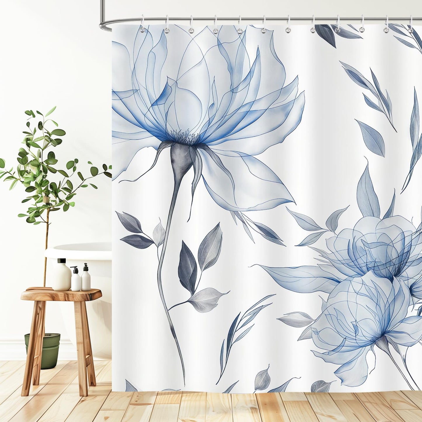 Hopomoon Blue and Grey Boho Watercolor Floral Shower Curtain, Ink Painting Style Waterproof Polyester Bath Curtain with 12 Hooks,Spring Summer