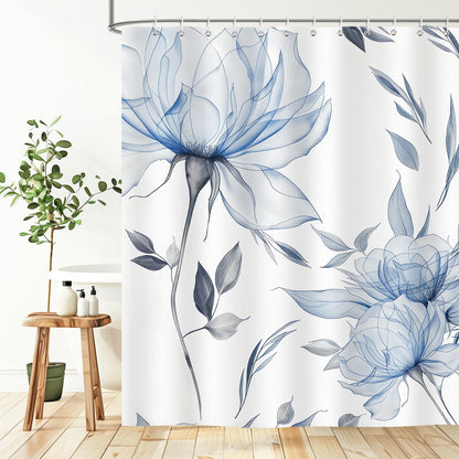 Hopomoon Blue and Grey Boho Watercolor Floral Shower Curtain, Ink Painting Style Waterproof Polyester Bath Curtain with 12 Hooks,Spring Summer