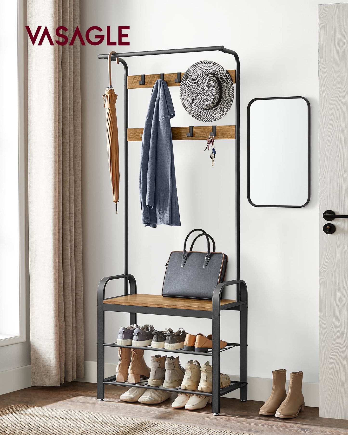 VASAGLE Coat Rack, Coat Stand with Shoe Storage Bench, 4-in-1 Design, with 9 Removable Hooks, a Clothes Rail, for Hallway, Entrance, 34 x 72 x 183 cm,