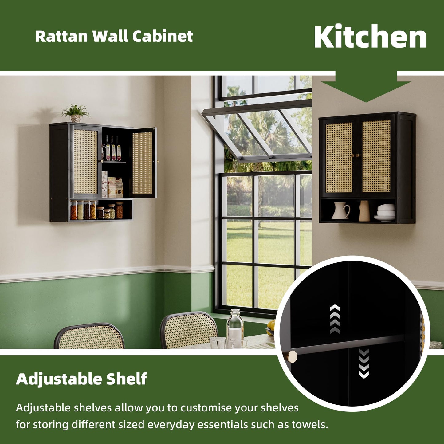 vovala Bathroom Wall Cabinet, Bamboo Over-The-Toilet Storage Organizer with 2 Rattan Doors and Adjustable Shelf