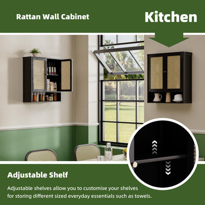 vovala Bathroom Wall Cabinet, Bamboo Over-The-Toilet Storage Organizer with 2 Rattan Doors and Adjustable Shelf