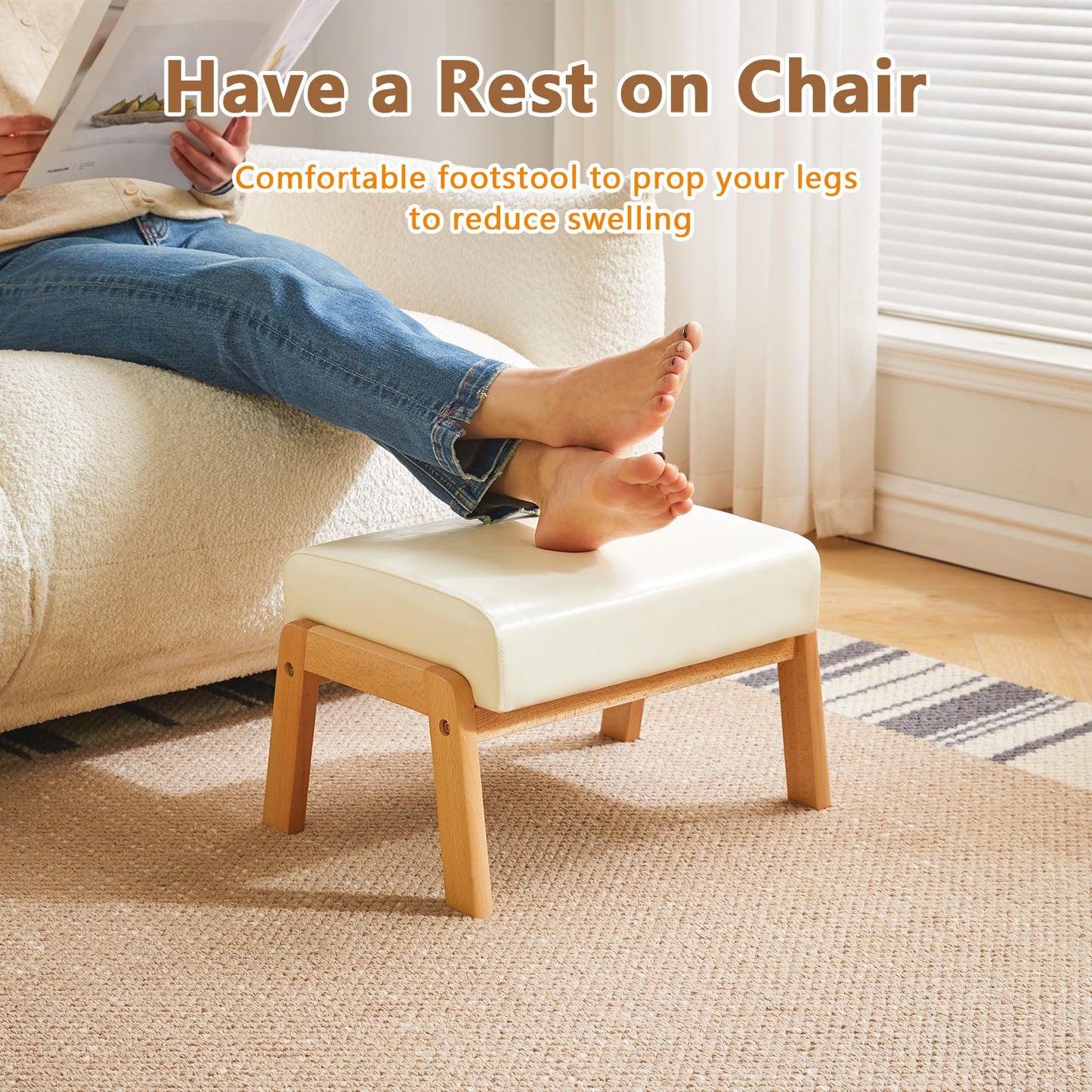 IBUYKE 10.2” H Small Foot Stool Ottoman, Rectangle PU Faux Leather Foot Rest with Padded Seat and Wood Legs