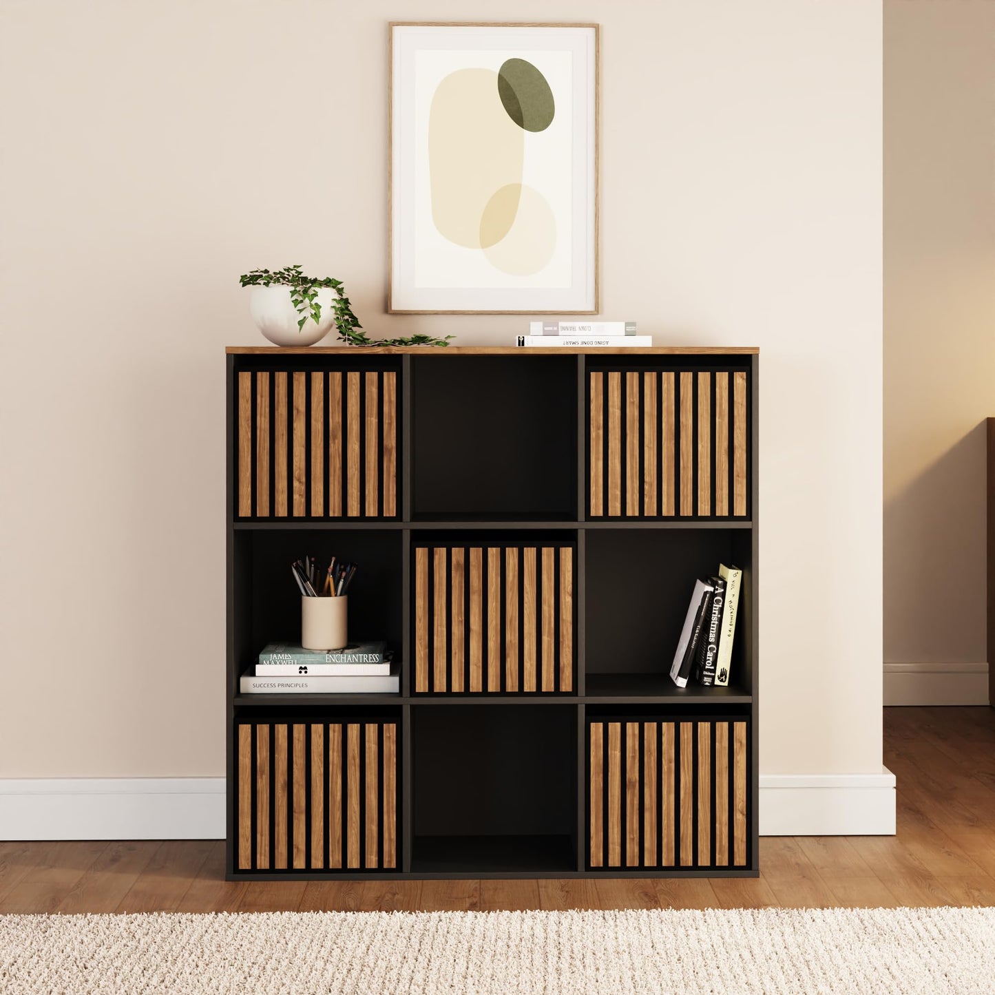 GFW Kube Cube 3x3 Storage Unit, Black & Walnut Effect Shelving Unit with Open & Hidden Storage