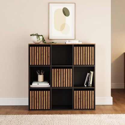GFW Kube Cube 3x3 Storage Unit, Black & Walnut Effect Shelving Unit with Open & Hidden Storage
