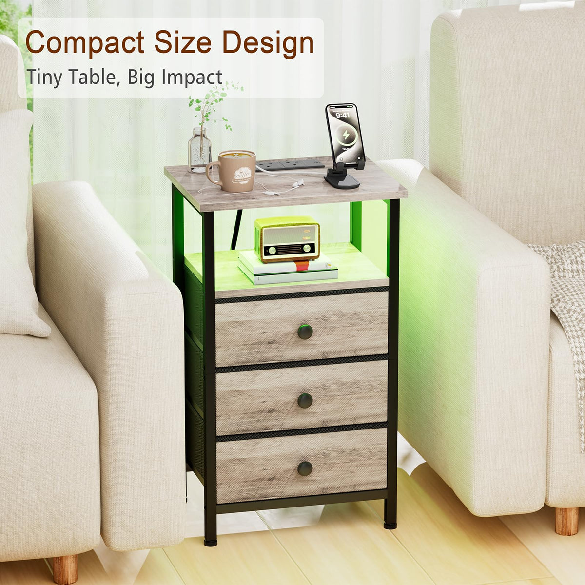 LOAKEKEL Bedside Table with Charging Station, Side Table with 3 Drawers