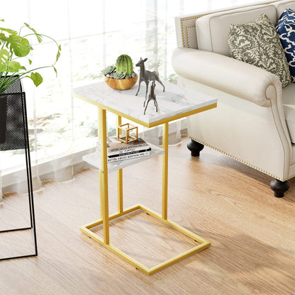 C Shaped End Table, Side Table, Sofa Table, Coffee Table Under Sofa, Small Couch Snack Tables, Bedside Tables with Metal Frame for Living Room
