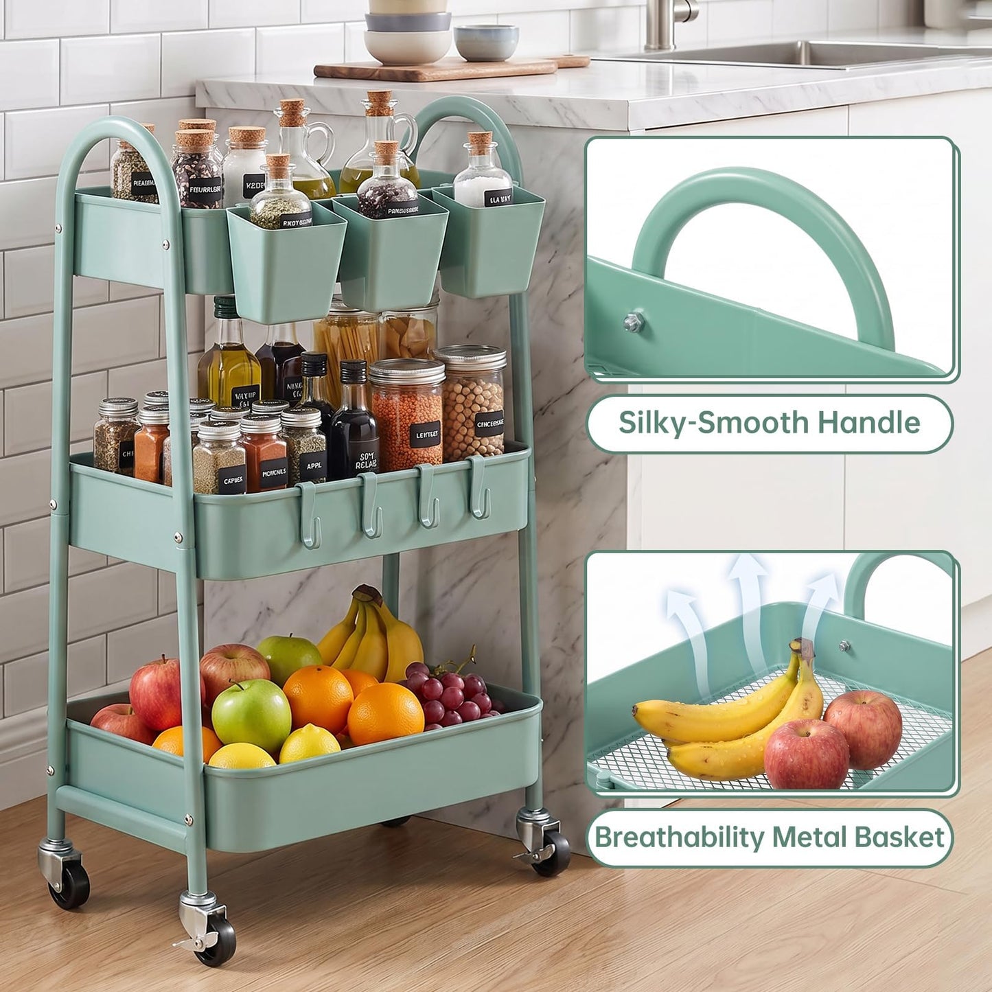 danpinera 3-Tier storage trolley, Metal storage cart with Lockable Wheels & Hanging Cups & Hooks, storage trolley on wheels for bathroom, kitchen