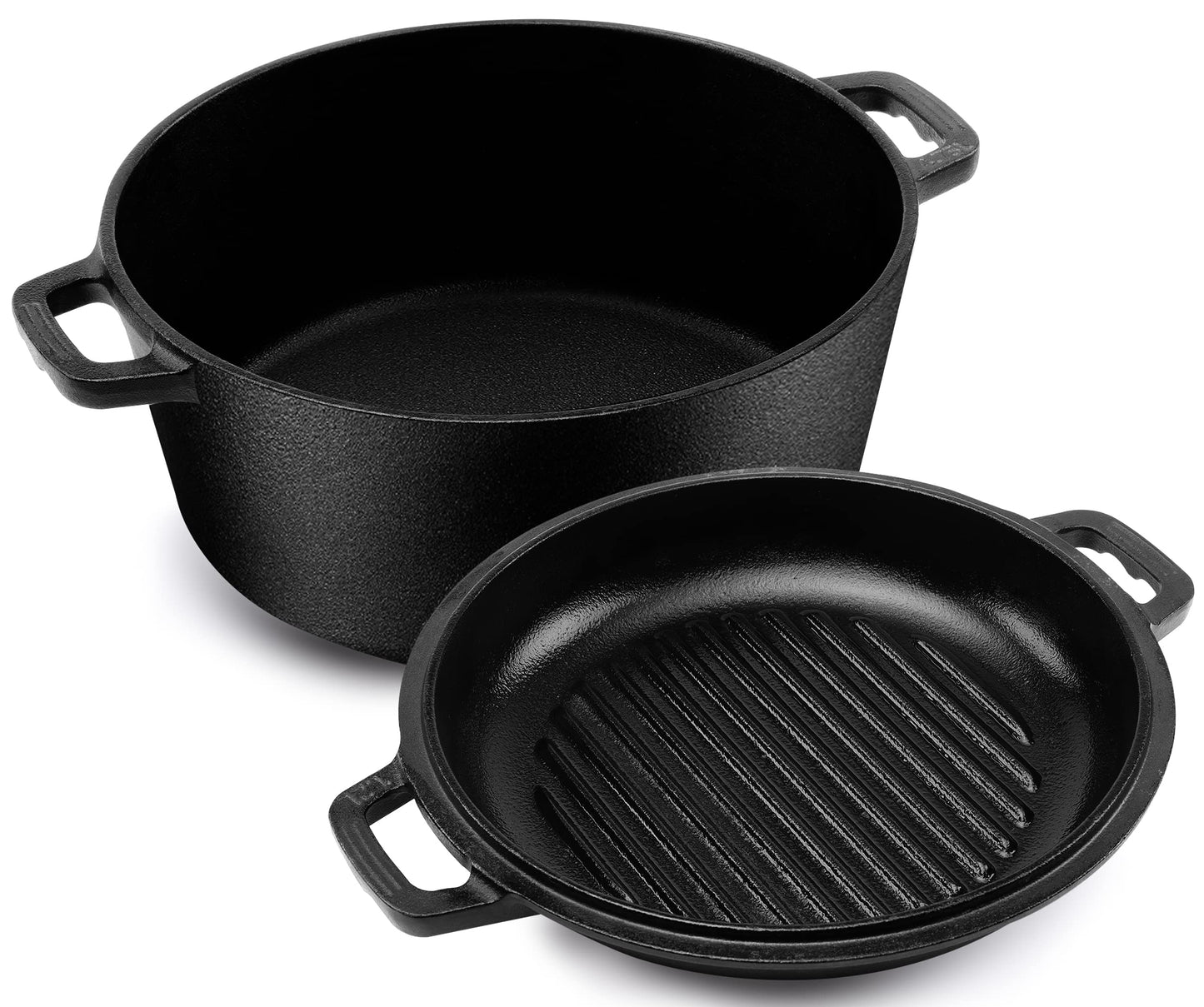 KICHLY 4.7L/5.0 Quart Pre Seasoned Cast Iron Pan, Dutch Oven with Lid, Dual Function Griddle Pan, 10.6 Inch (27 cm), Casted Pot with lid, Casserole