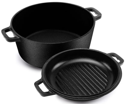 KICHLY 4.7L/5.0 Quart Pre Seasoned Cast Iron Pan, Dutch Oven with Lid, Dual Function Griddle Pan, 10.6 Inch (27 cm), Casted Pot with lid, Casserole