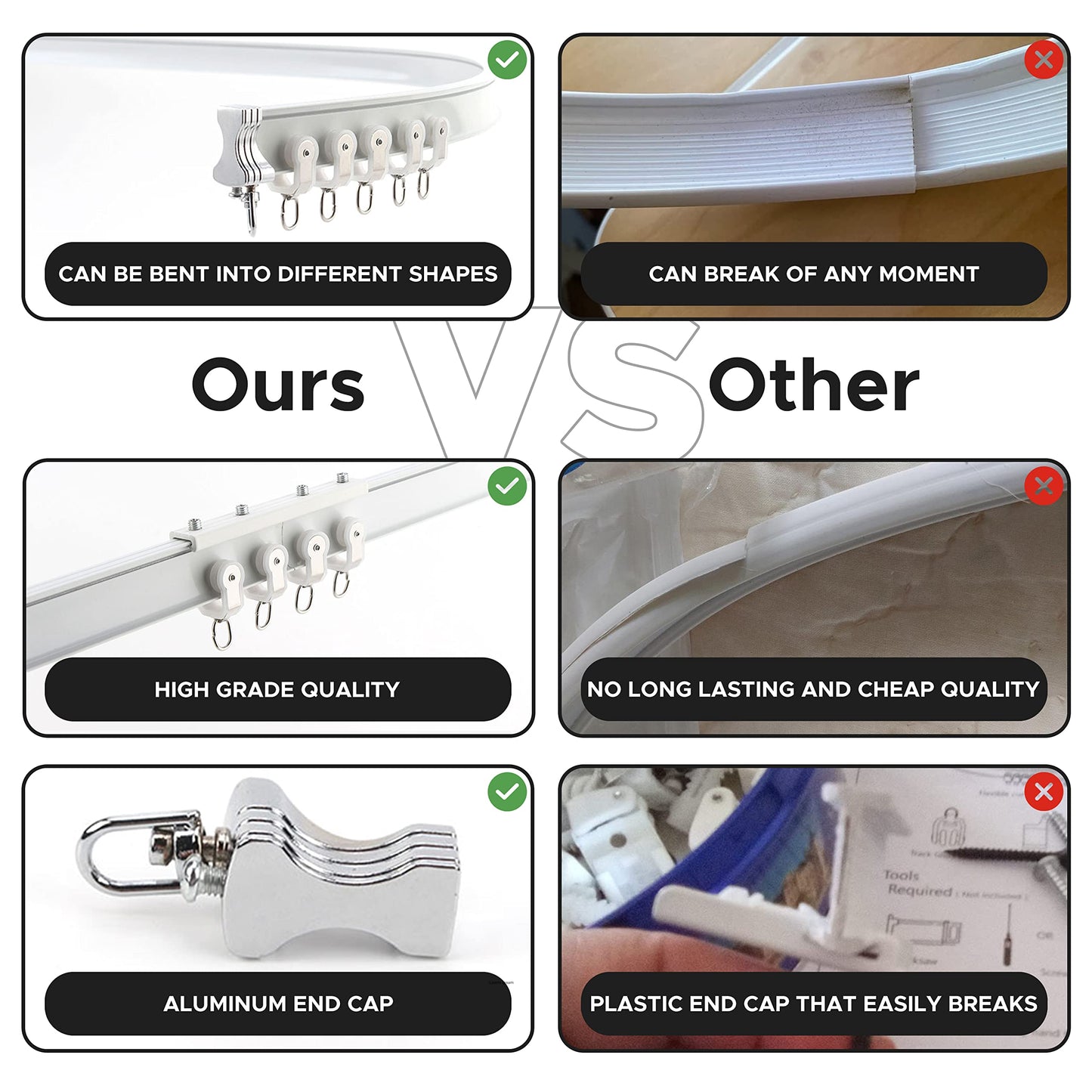 Aluminium Flexible Ceiling Curtain Track 3ft-6.6ft / 2m | Bendable Curtain Rail for Bay Windows & Shower | Heavy Duty Ceiling Mounted Track for