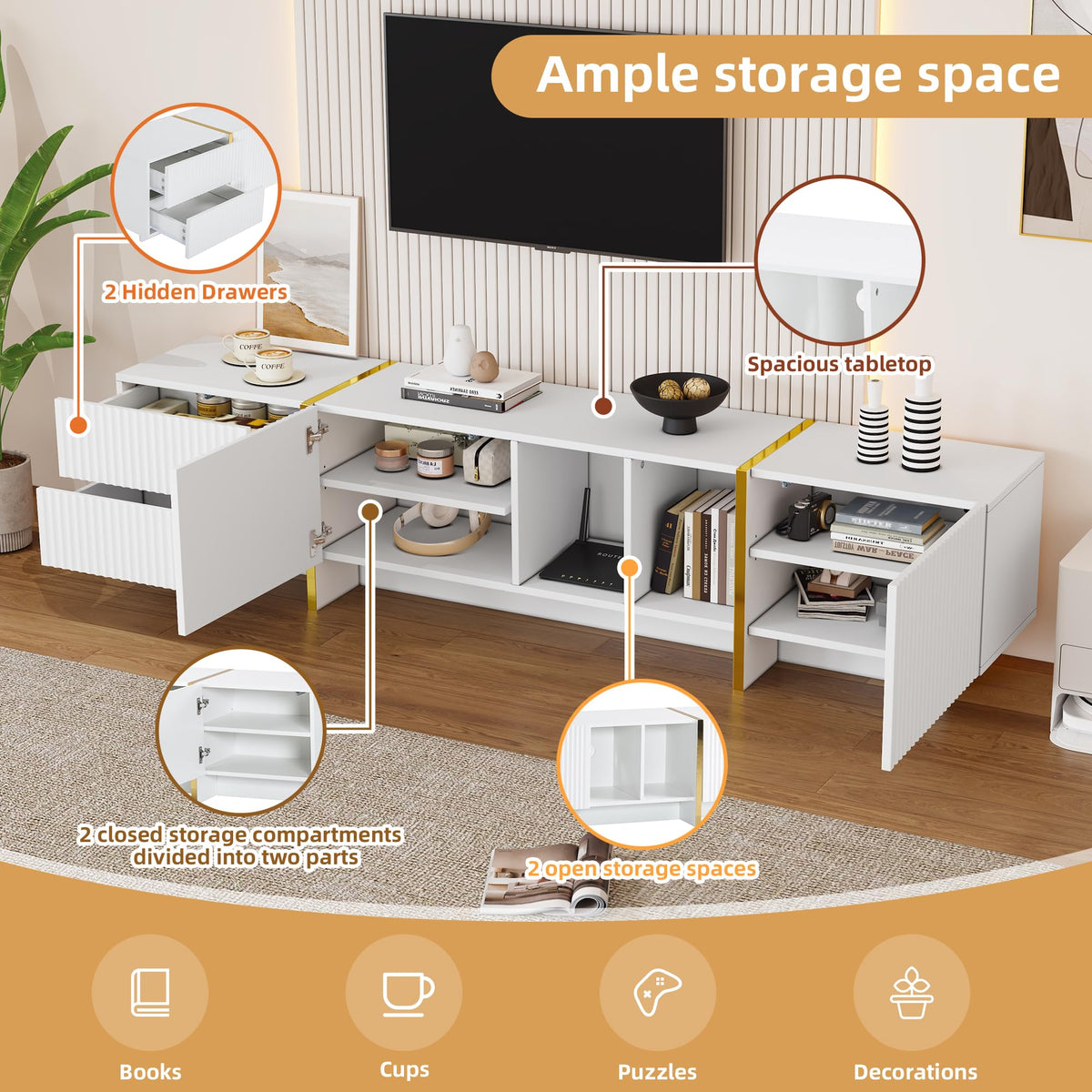 Ball & Cast TV Cabinet, High-gloss TV Unit, TV Stand Cabinet with 4 LED lighting Modes & 16 Colors, Wall Mounted/Floor Mounted, 180 * 35 * 30 cm