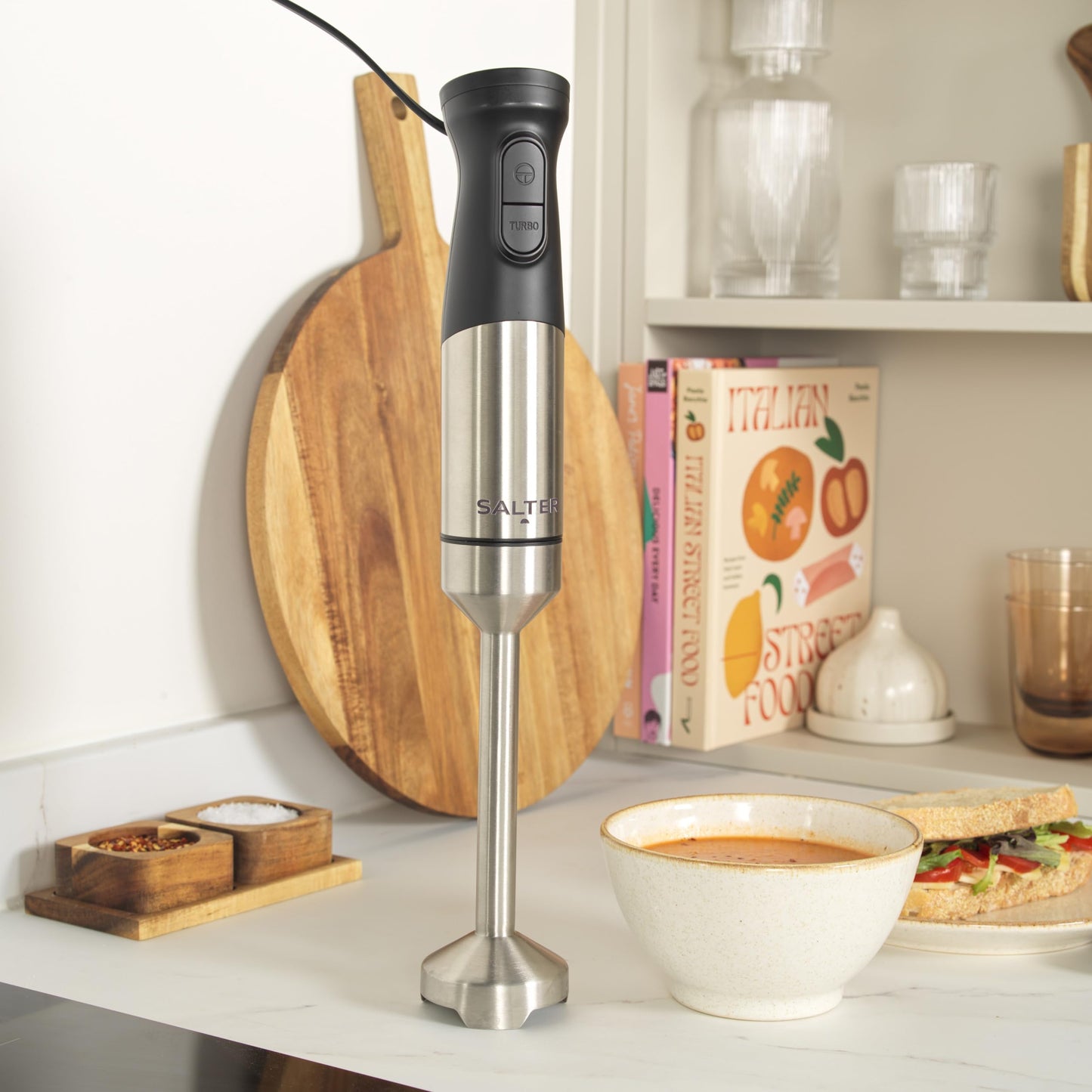Salter EK5877 5 in 1 Blend & Prep  Compact Food Chopper with 1.2L BPA-Free Bowl, Immersion Stick Blender with 2 Speed Settings, Chop, Slice, Shred,