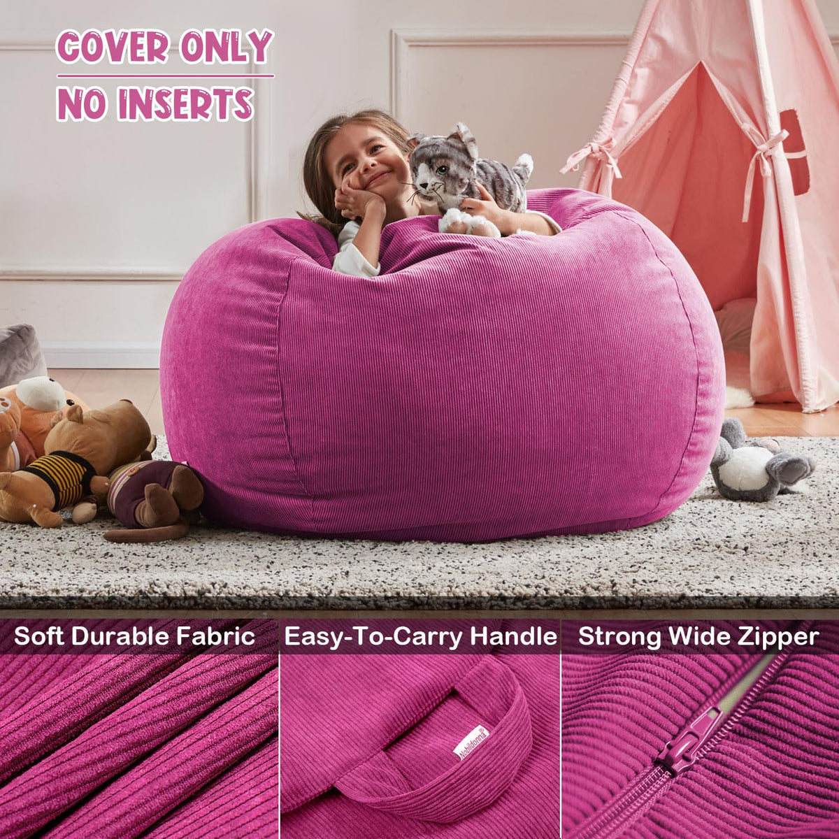 Nobildonna Bean Bag Chair Cover (No Filler) for Kids Beanbag Stuffed Animal Storage Without Filling Plush Toys Holder and Organizer Soft Premium