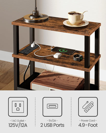 CHOEZON Slim Side Table with Charging Station, 3-Tier Narrow Side Table with Drawer, Skinny Bedside Table, End Table for Small Spaces, for Bedroom