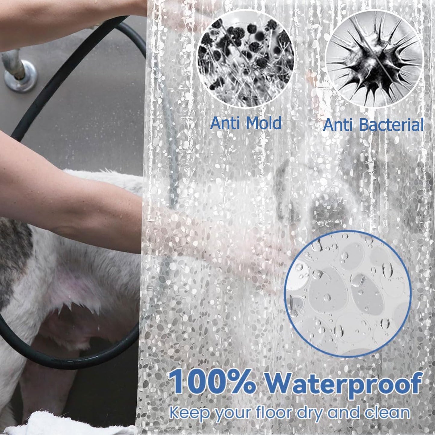 QEEROYO 180 x 200 cm Transparent Anti-Mould Shower Curtain, Waterproof EVA Plastic, 3D Clear Pebble, 12 Hooks, Antibacterial, for Wet Room, Bathtub