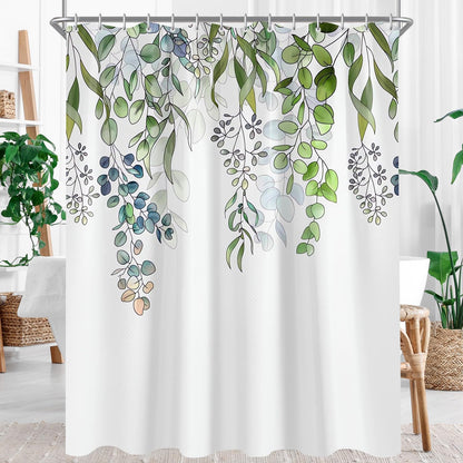 Lerores Shower Curtain, 80 x 200 cm, Green Leaf Pattern, Mildew Resistant, Weighted Hem, Waterproof, Machine Washable, Polyester Fabric