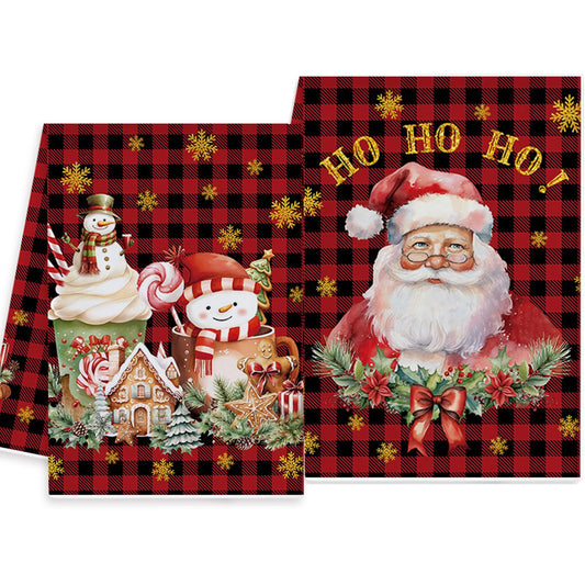 Vspek Christmas Kitchen Towels Set of 2, Black Red Plaid Cute Santa Claus Snowman Dish Towels, Holiday Farmhouse Kitchen Towels Funny Christmas Hand