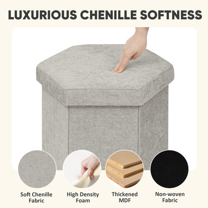 PINPLUS Chenille Ottoman Storage Box, Hexagonal Folding Stool, Silver Grey