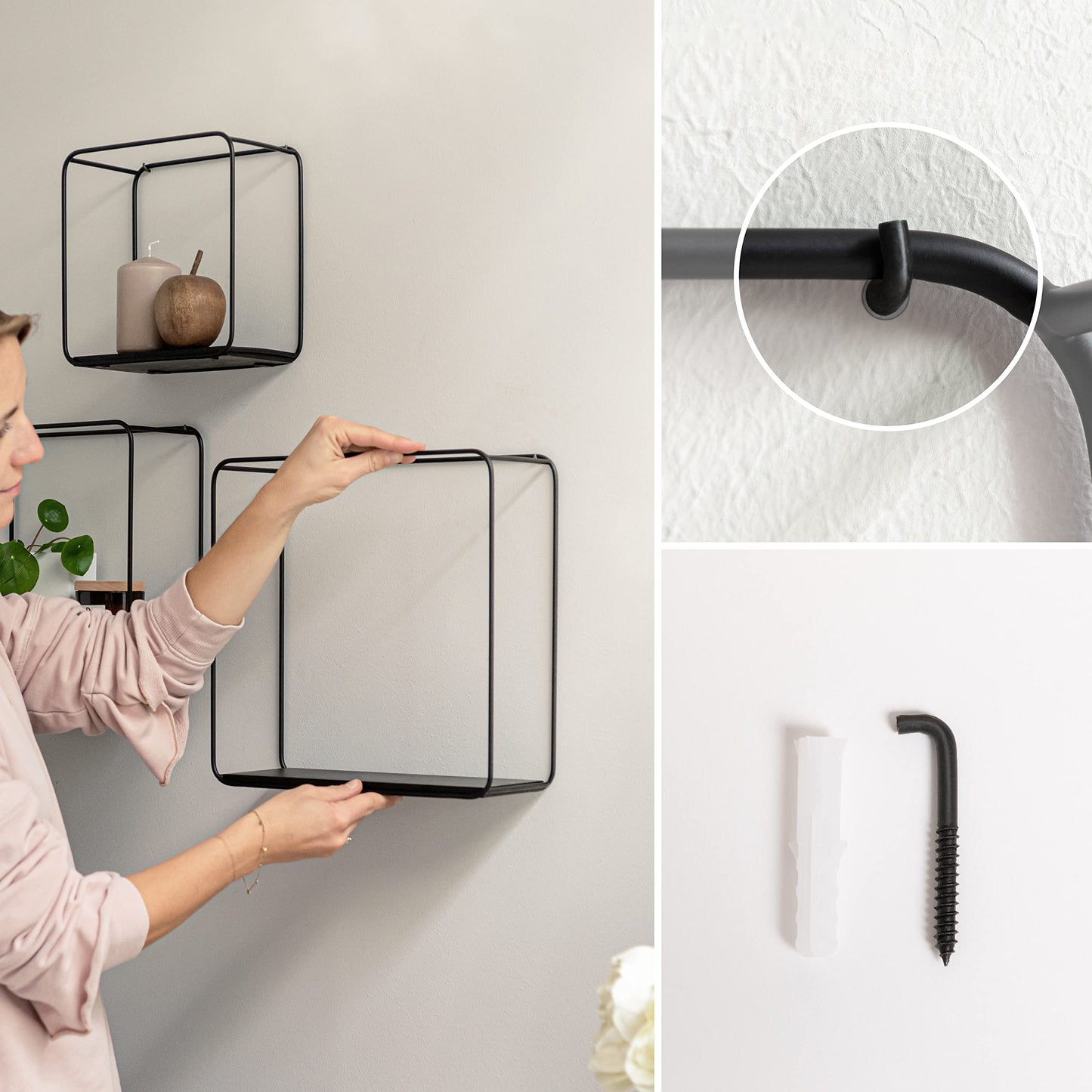 Kazai. Wall Shelves -Jona- | 3-Part Shelving Unit made of Metal and Real Wood Veneer | Wall Decor, Storage and Book Shelf for Bathroom, Living Room