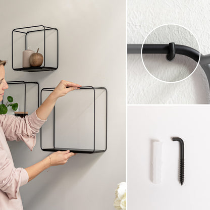 Kazai. Wall Shelves -Jona- | 3-Part Shelving Unit made of Metal and Real Wood Veneer | Wall Decor, Storage and Book Shelf for Bathroom, Living Room