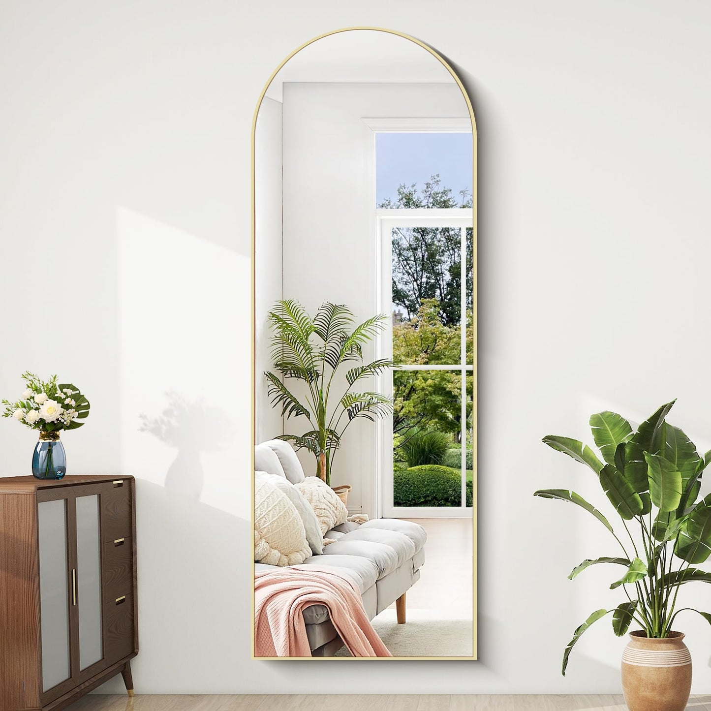 BONEWEI Arched Full Length Mirror, 161x52cm Full Body Free Standing Mirror Gold Aluminium Frame, Large Floor Mirror Standing Hanging or Leaning