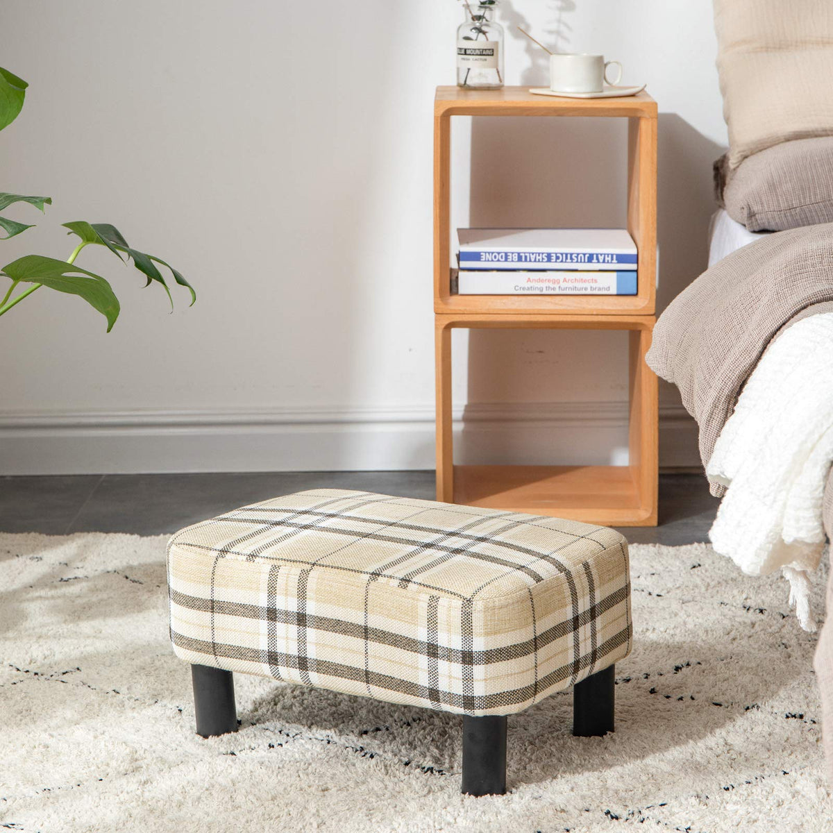 IBUYKE 42CM Small Footstool, Linen Fabric Pouf, with Padded Seat Pine Wood Legs Rectangular Stool, Small Under Desk Footrest