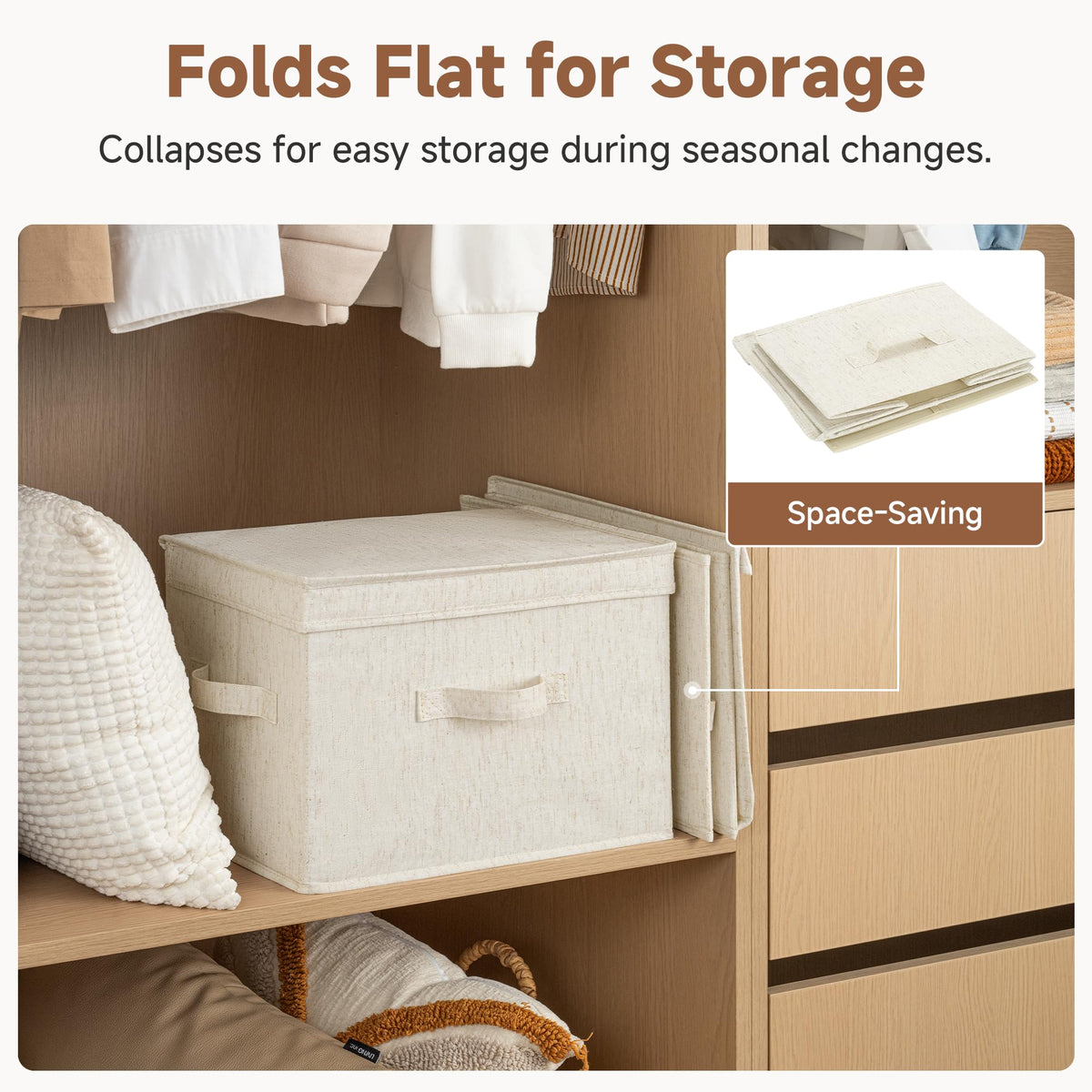 StorageWorks Fabric Storage Boxes with Lid, Decorative Storage Boxes with Lids, Stackable Baskets with Handles for Shelves