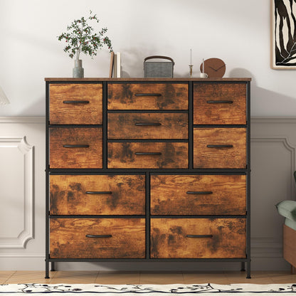 Feonase Chest of Drawers,Bedroom Tall Dresser with 11 Fabric Drawers, Metal Frame & MDF Wood Top, Adjustable Feet, Storage Organizer Unit for Bedroom