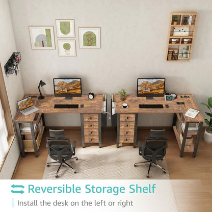 Lufeiya L Shaped Desk with Drawers & Storage Shelves, 120CM Small Reversible Corner Desk with UK Power Outlet for Home Office Bedroom