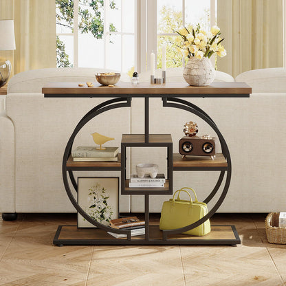 Trironsun Narrow Console Table for Hallway 4-Tier Rustic Sofa Table with Circle Metal Base Industrial Wooden Entryway Table with Storage Shelves for