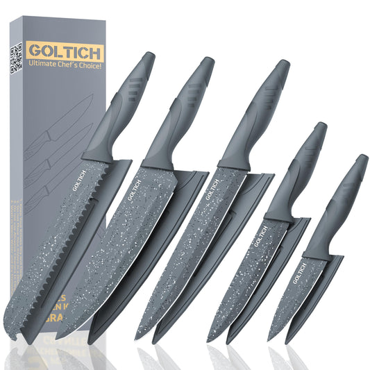 GOLTICH 5 PCs Grey Kitchen Knife Sets with Sheath - Premium Stainless Steel Kitchen Knives Set with Easy Grip Handle - Ultra Sharp Knife Set Includes