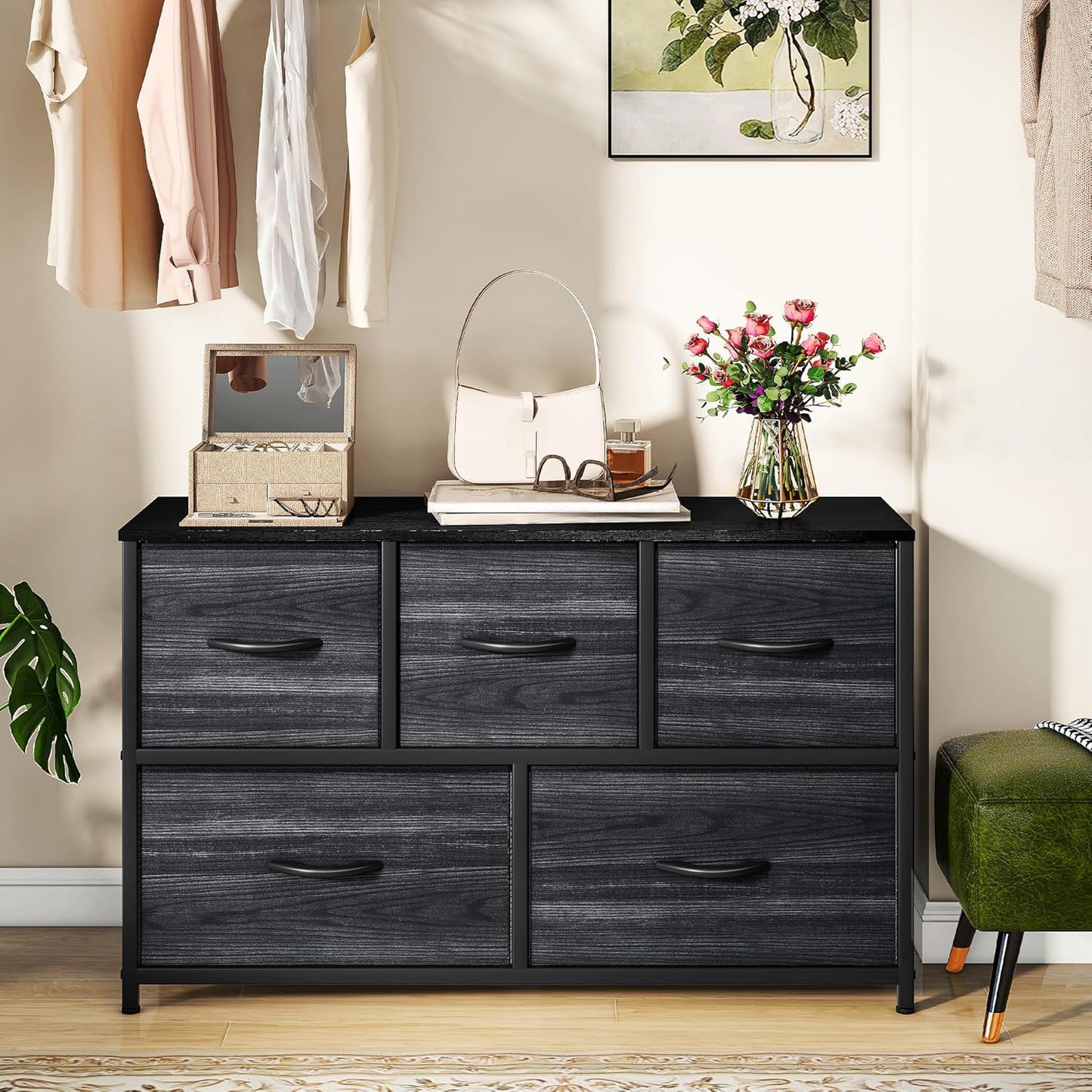 DWVO Chest of Drawers, 5 Fabric Drawers Bedroom Cabinet,Dresser for Bedroom,Living Room With Handles,Wood Top and Sturdy Steel Frame,Charcoal Black