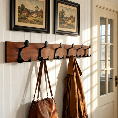 HONSKY Wall Mounted Coat Rack, 91cm Sapele Base,6 Black Sturdy Aluminium Alloy Triple Hooks(18 Hanging Points), Wall Coat Hanger for Entrance Hall
