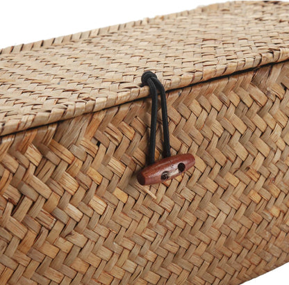 Toilet Tank Basket with Lid, Seagrass Storage Basket for Bathroom, Wicker Woven Bathroom Organizer with 3 Compartments, Small