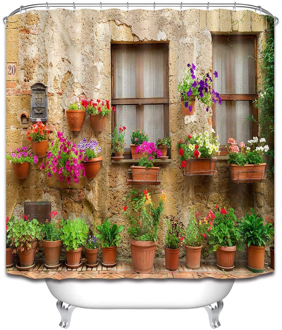 YUAOEUR Garden 3D Shower Curtain Fresh Plant Countrylife Style Retro Old Stone Wall Floral Basket Door Scenery with Green Plants Scenery Bathroom