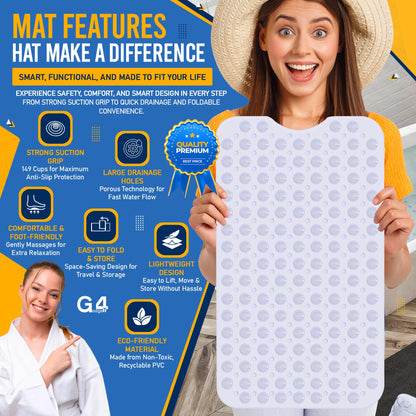 Bath Mat Non Slip Anti Mould 70cm x 38cm With Strong Suction Cups & Drain Holes Shower Mats PVC Bathroom Mat Machine Washable
