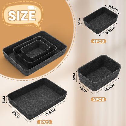 Hejo 7 PCS Square Felt Drawer Organizers Set, Office Drawer Organiser Tray, Durable Drawer Organizer for Home Office, Stationery Dresser, Dark Gray