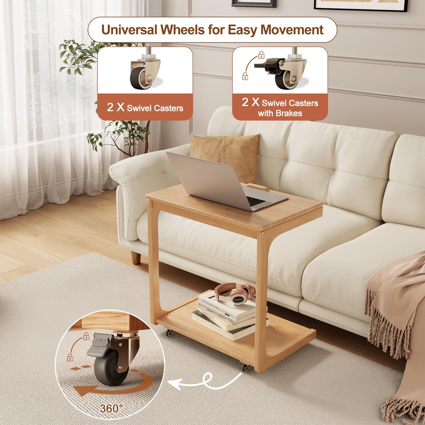 AQIMUELE Wooden C-Shaped End Table,Couch Table with Adjustable Desktop,Small Rolling Side Table with 2 Lockable Wheels 60 Width,Small End Table for