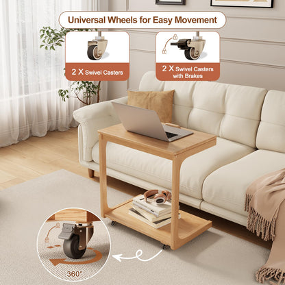 AQIMUELE Wooden C-Shaped End Table,Couch Table with Adjustable Desktop,Small Rolling Side Table with 2 Lockable Wheels 60 Width,Small End Table for