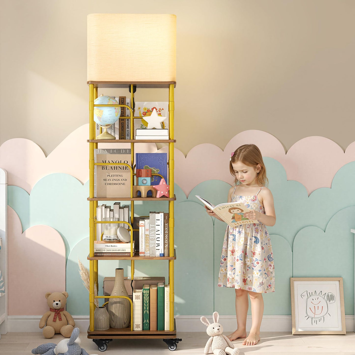 Quikraen 4-tier Rotating Bookshelf with LED and Lockable Castors，Gold+Brown